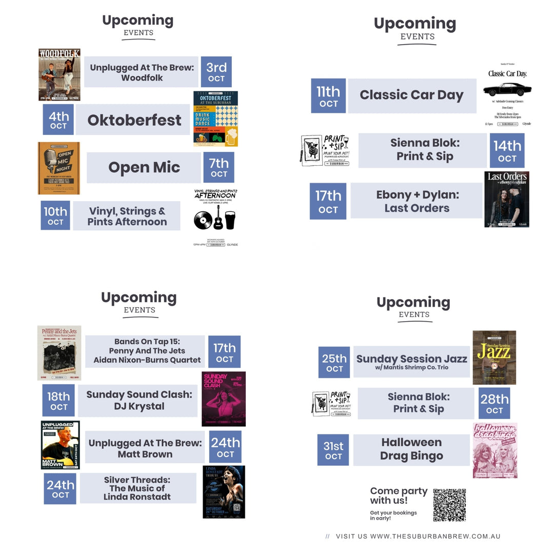 October 2026 events lineup at The Suburban Brew Glynde