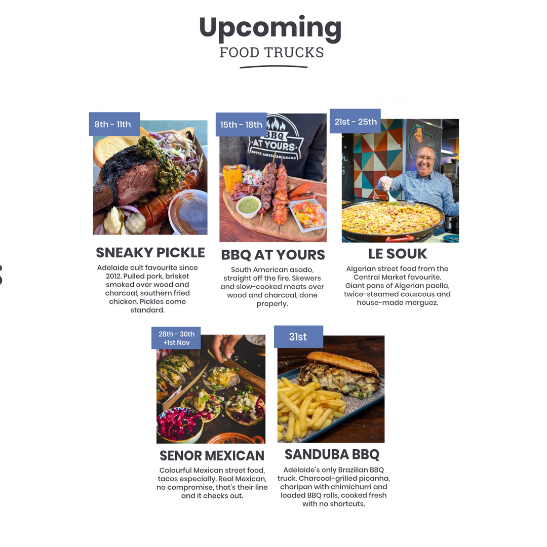 Food truck lineup at The Suburban Brew Glynde for October 2026
