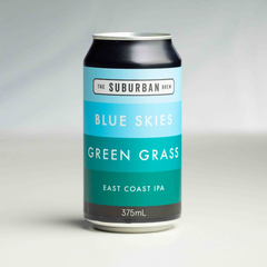 A can of Blue Skies Green Grass East Coast IPA by The Suburban Brew, with a blue and green label, indicating the flavor and style of the beer.

craft beer from The Suburban Brew Adelaide - Award-winning craft beer