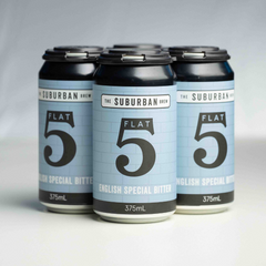 A 4pack of 'The Suburban Brew' Flat 5 English Special Bitter, with a blue label, black text, and a graphic of a hop leaf.

craft beer from The Suburban Brew Adelaide - Award-winning craft beer