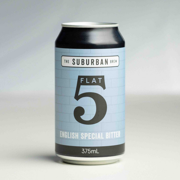 A can of 'The Suburban Brew' Flat 5 English Special Bitter, with a blue label, black text, and a graphic of a hop leaf.

craft beer from The Suburban Brew Adelaide - Award-winning craft beer