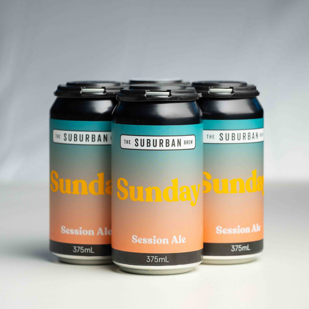 A can of 'Sunday Session Ale' by The Suburban Brew, with a color gradient from orange at the bottom to blue at the top, and text indicating the session ale volume of 375ml.

Sunday Session Ale - craft beer from The Suburban Brew Adelaide - Award-winning craft beer