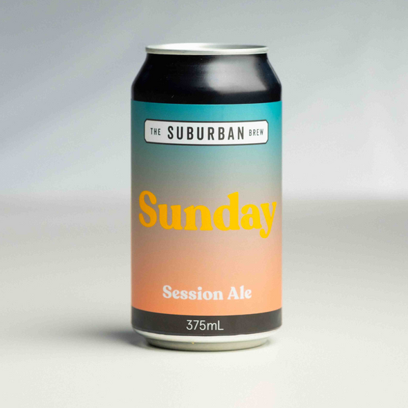 A can of 'Sunday Session Ale' by The Suburban Brew, with a color gradient from orange at the bottom to blue at the top, and text indicating the session ale volume of 375ml.

Sunday Session Ale - craft beer from The Suburban Brew Adelaide - Award-winning craft beer