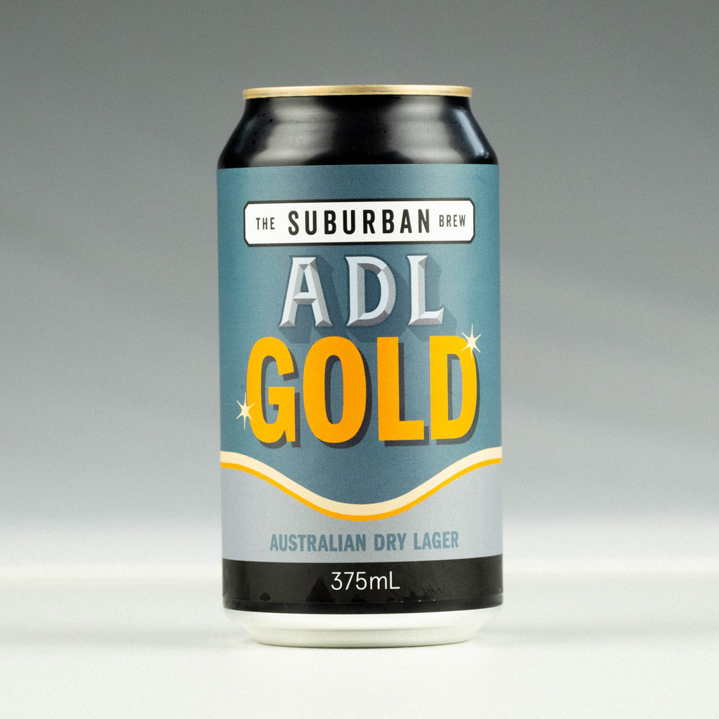 A can of The Suburban Brew ADL Gold Australian Dry Lager, with a blue label and yellow text, indicating a 350mL volume.

craft beer from The Suburban Brew Adelaide - Award-winning craft beer