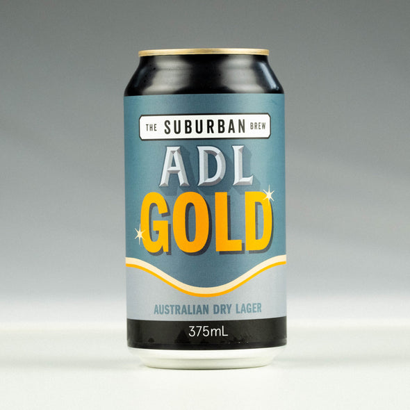 A can of The Suburban Brew ADL Gold Australian Dry Lager, with a blue label and yellow text, indicating a 350mL volume.

craft beer from The Suburban Brew Adelaide - Award-winning craft beer
